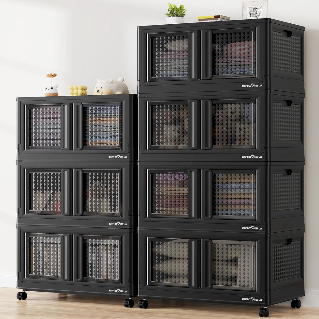 BROVIEW 140Gal Stackable Storage Bins with Lids & Wheels, 560Qt Plastic Collapsible Closet Organizer and Storage Drawers, Storage Boxes Cabinets for Home, Office, 7 Pack, Black