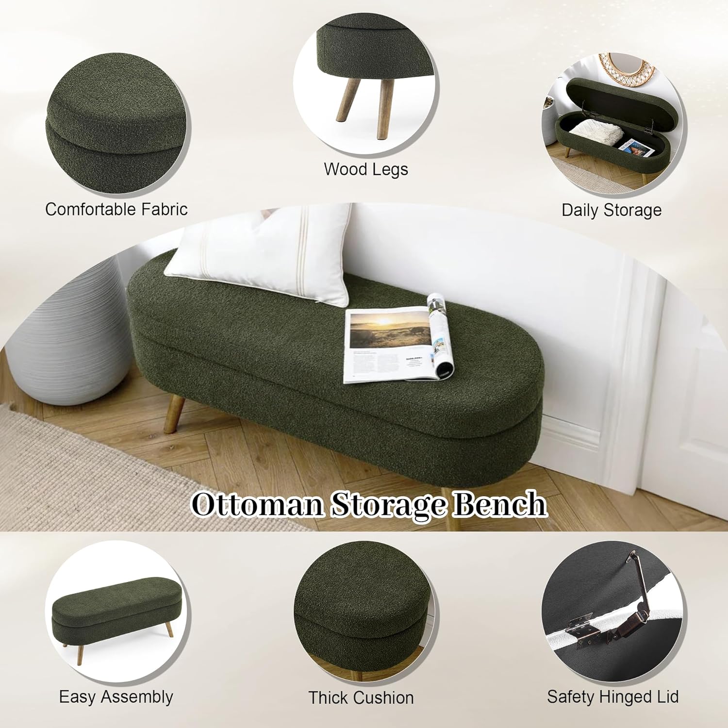 Storage Bench, 43" Storage Ottoman Bench, Shoe Storages Benches for Bedroom, Upholstered Entryway Benches with Seating, Rubber Wood Legs for Bedroom, Living Room, Entryway, Bed Side, Green