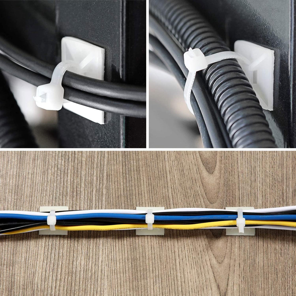 Strong Back-Glue Self Adhesive Cable Zip Tie Mounts Kit - 100 Set Cable Management Clips with 6" Zip Ties, Wire Holders - Outdoor Sticky Wire Organizer Clips - White