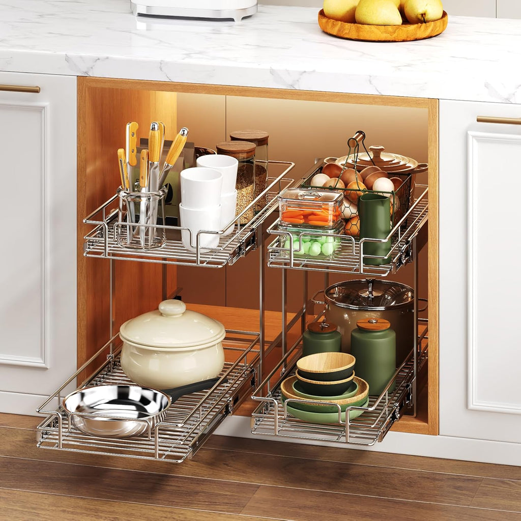 2 Tier Individual Pull Out Cabinet Organizer 14½" W x 21½" D, Heavy Duty Cabinet Pull Out Shelves, Slide Out Drawers Organization for Kitchen Cabinets Bathroom