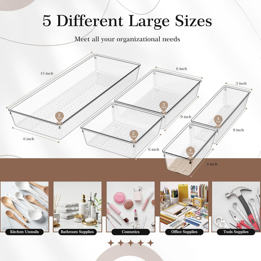 Criusia 14 PCS Clear Plastic Drawer Organizer Set - 5 Large Size Versatile Kitchen and Bathroom Organizer Trays, Non-Slip Storage Bins for Makeup, Utensils, Tool and Office Desk