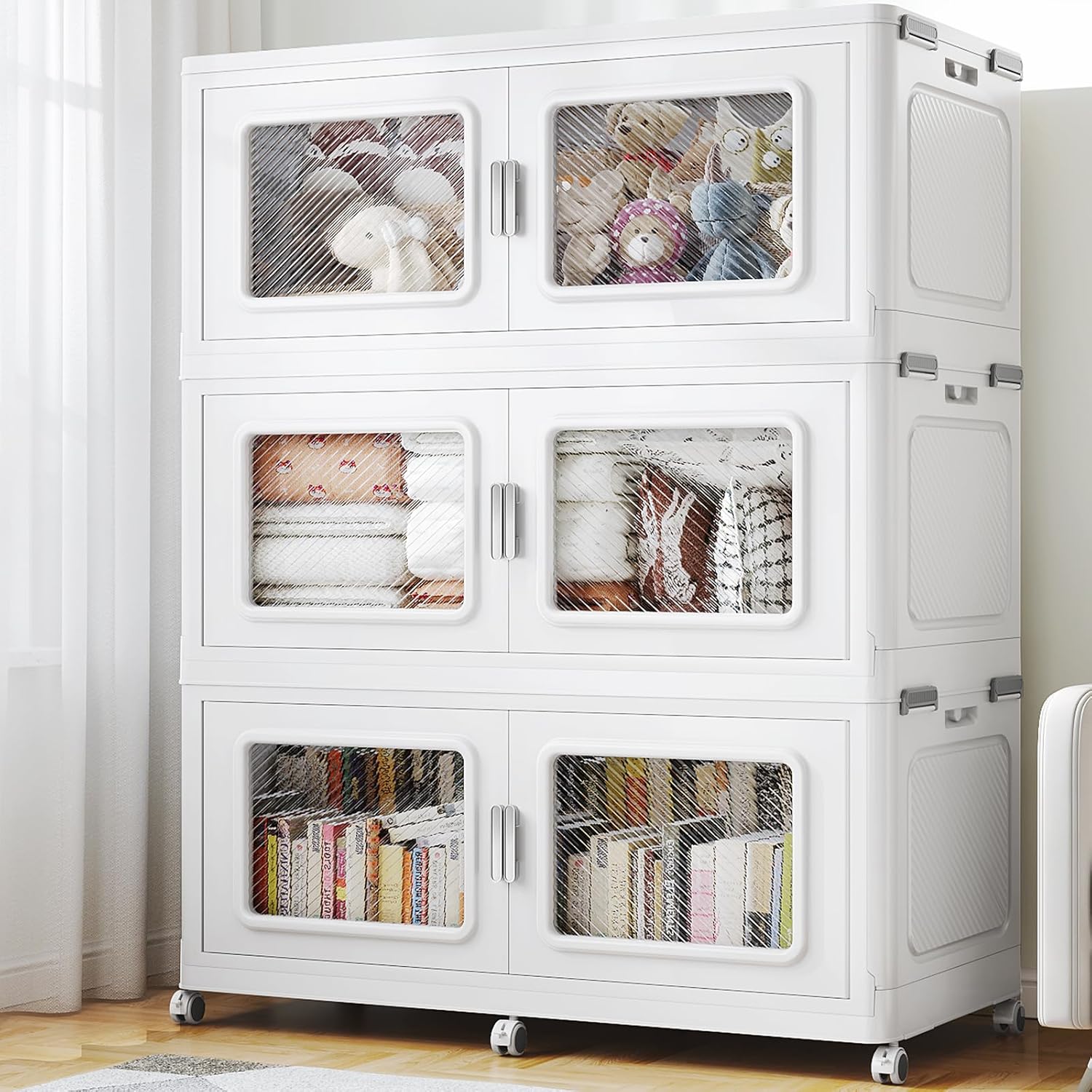 BROVIEW 900 Qt Stackable Storage Bin with Lid, 225Gal Extra Large Collapsible Storage Boxes, Folding Plastic Drawer, Heavy-Duty Store Cabinet, Closet Organizer for Home Kitchen, 3 Pack White