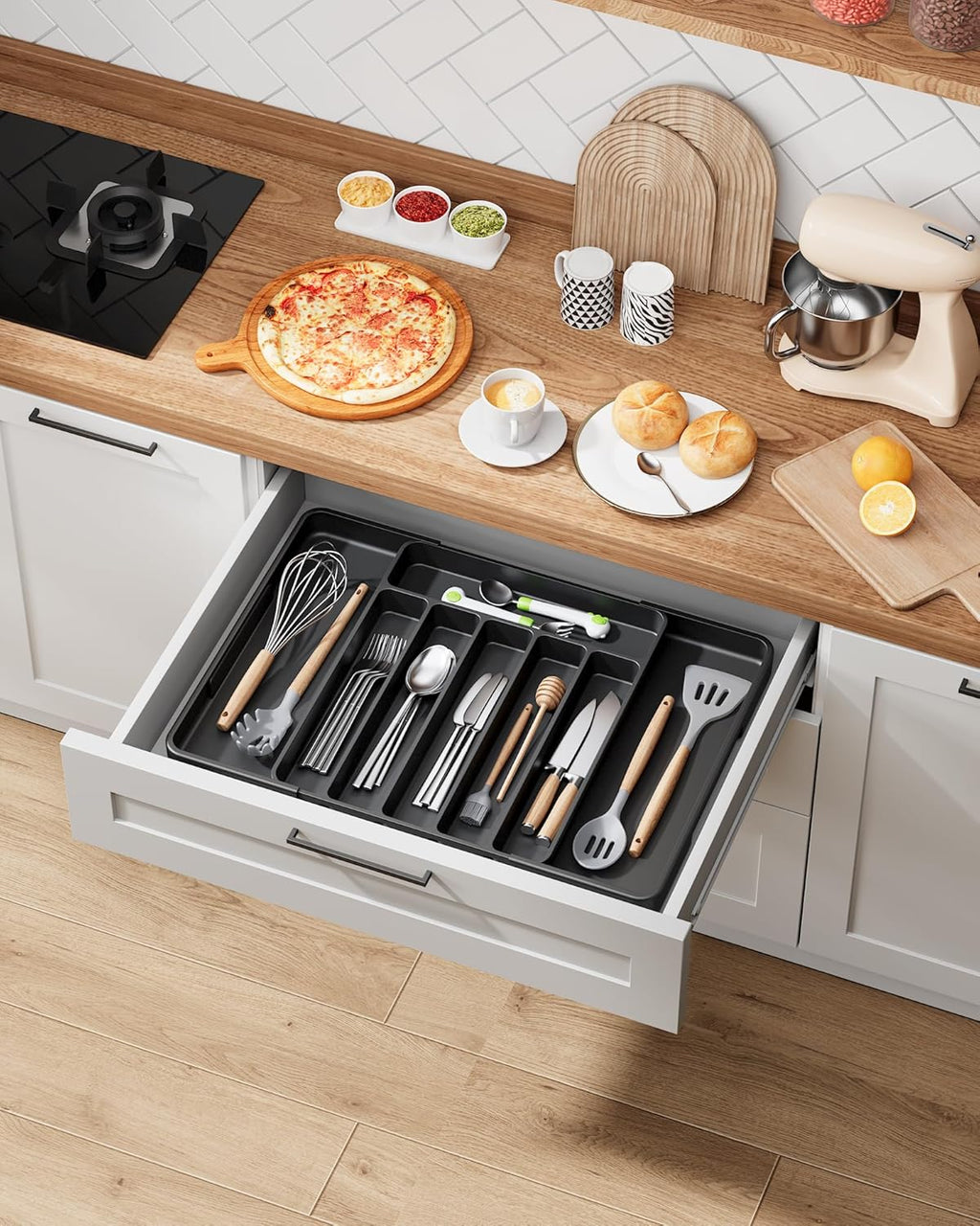 Kitsure Cutlery Drawer Organiser for Kitchen - Adjustable Cutlery Tray for Effortless Utensil Sorting, Versatile Kitchen Storage & Organisation Solution, 13.70" x 1.54" x 10.94"~20.08", Black
