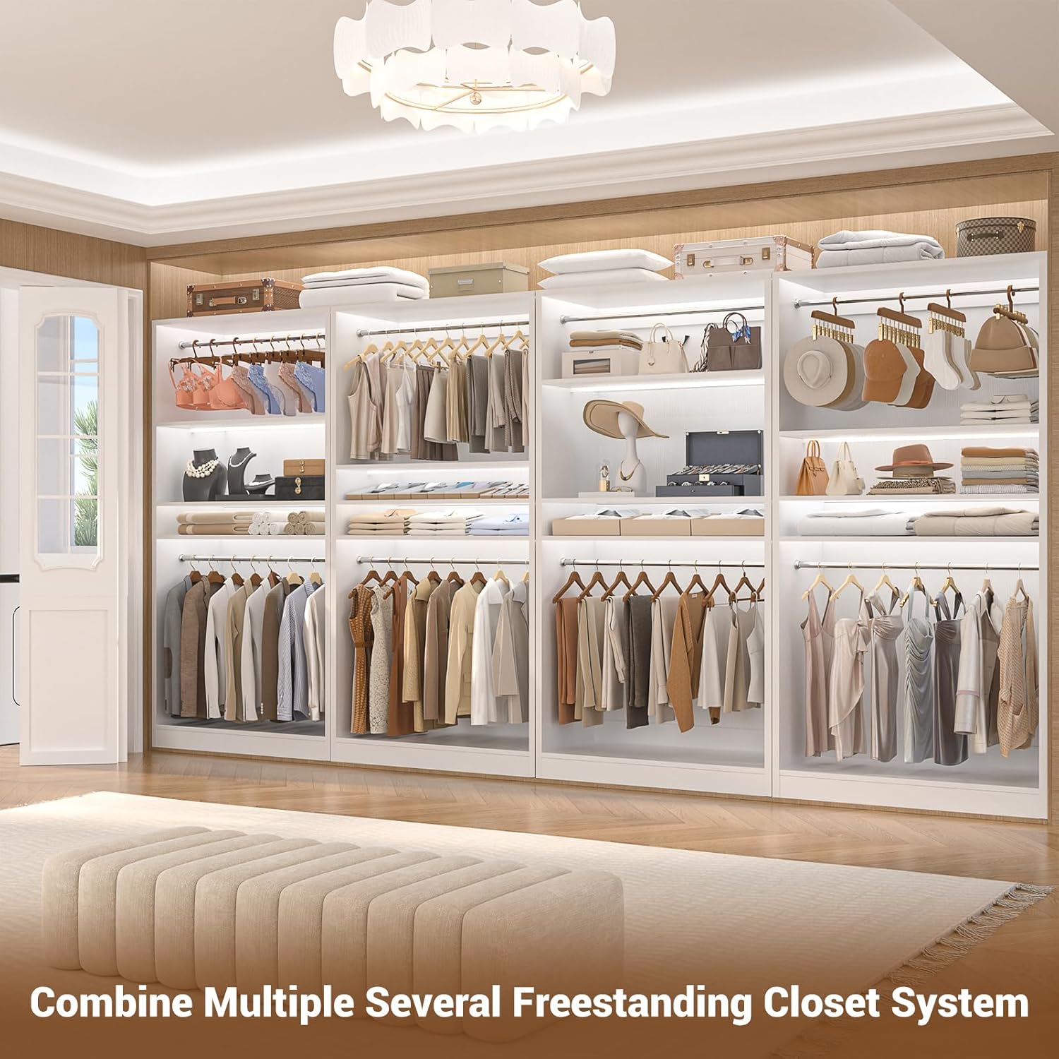 Unikito 3FT Freestanding Closet System with 2 Hanging Rods & Adjustable Shelve, 36'' Wood Closet Organizer System, Clothes Garment Rack, Sturdy Walk-in Closet Tower, Easy Assembly, Hold 800LBS, White