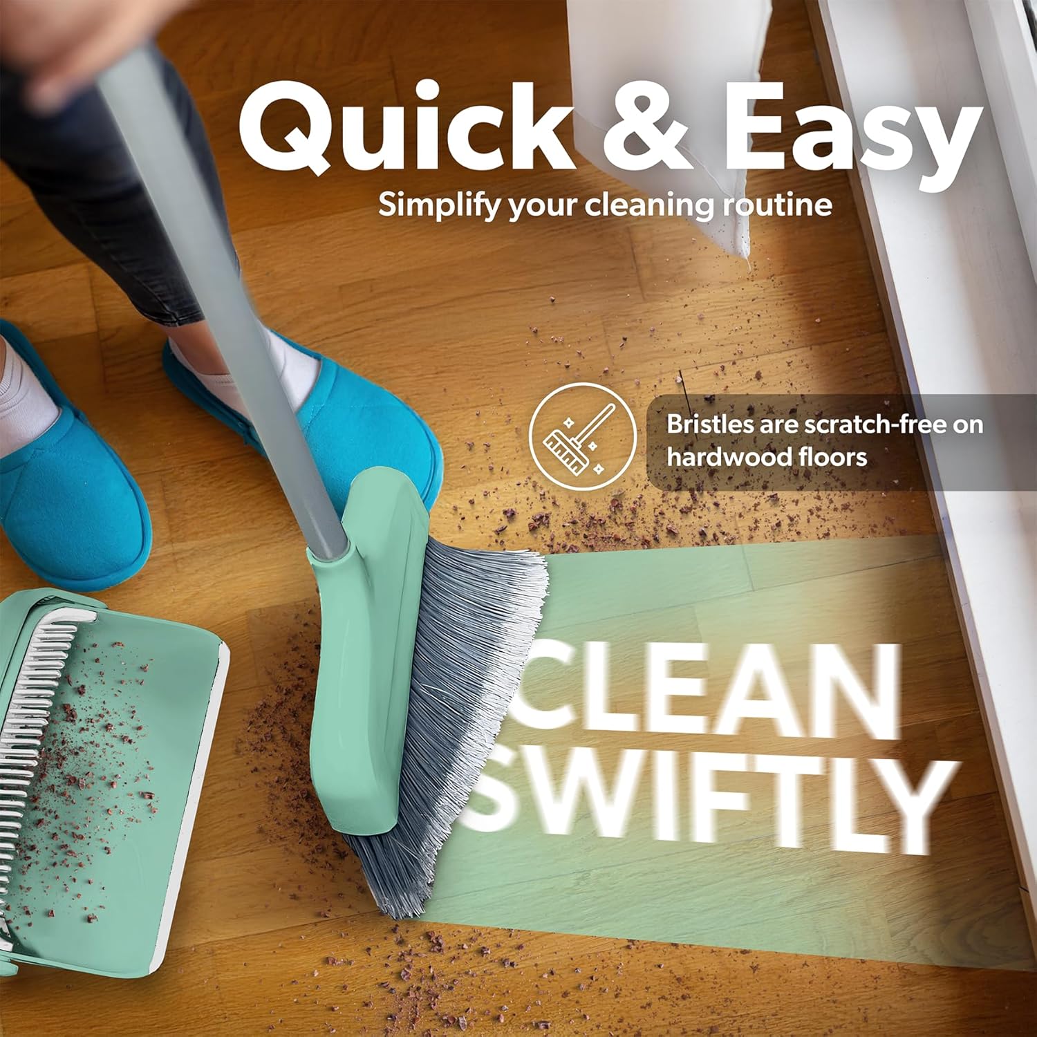 BLACK+DECKER Butler Broom & Dustpan Set - Short Handle, Stand-Up Design - Lightweight, Space-Saving Combo for Kitchen, Living Room, Bathroom, Lobby Floors - Home Cleaning Essential, Teal/Grey