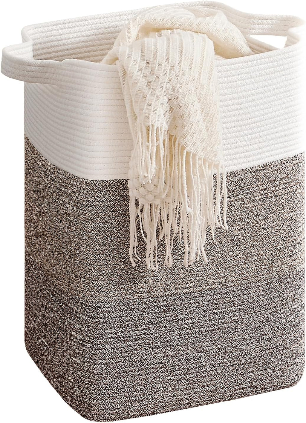 CLHMILY&Z 75L Laundry Hamper Rectangular Cotton Rope Basket - 16x13x22 Inches - Durable and Soft Storage Bin for Clothes, Toys, and Nursery Essentials, Brown & White