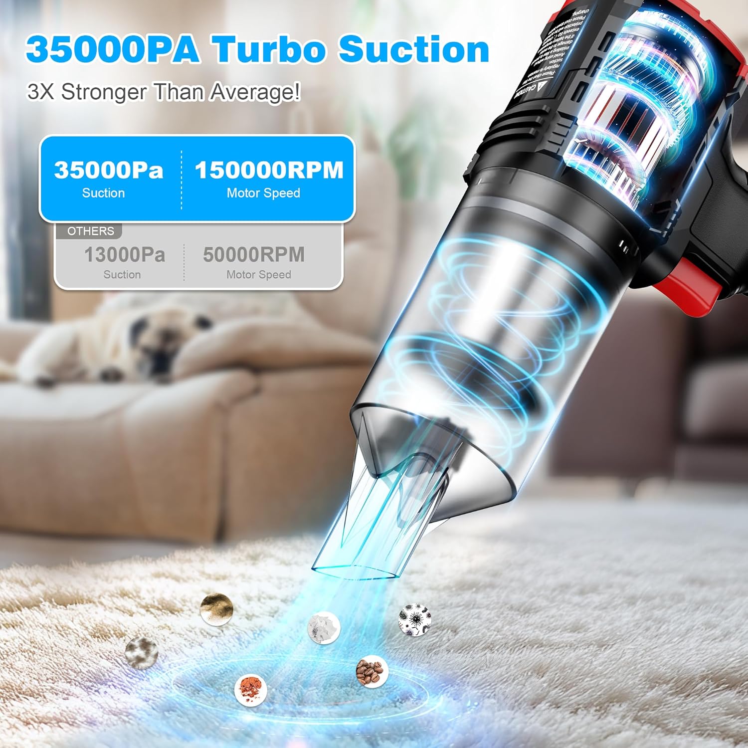 Cordless Handheld Vacuum Cleaner - 35000PA Strong Suction for Car & Home, Car Vacuum Portable Rechargeable Lightweight for Pet Hair with HEPA Filter, Quick Clean in Office/Desk/Couch (Red)