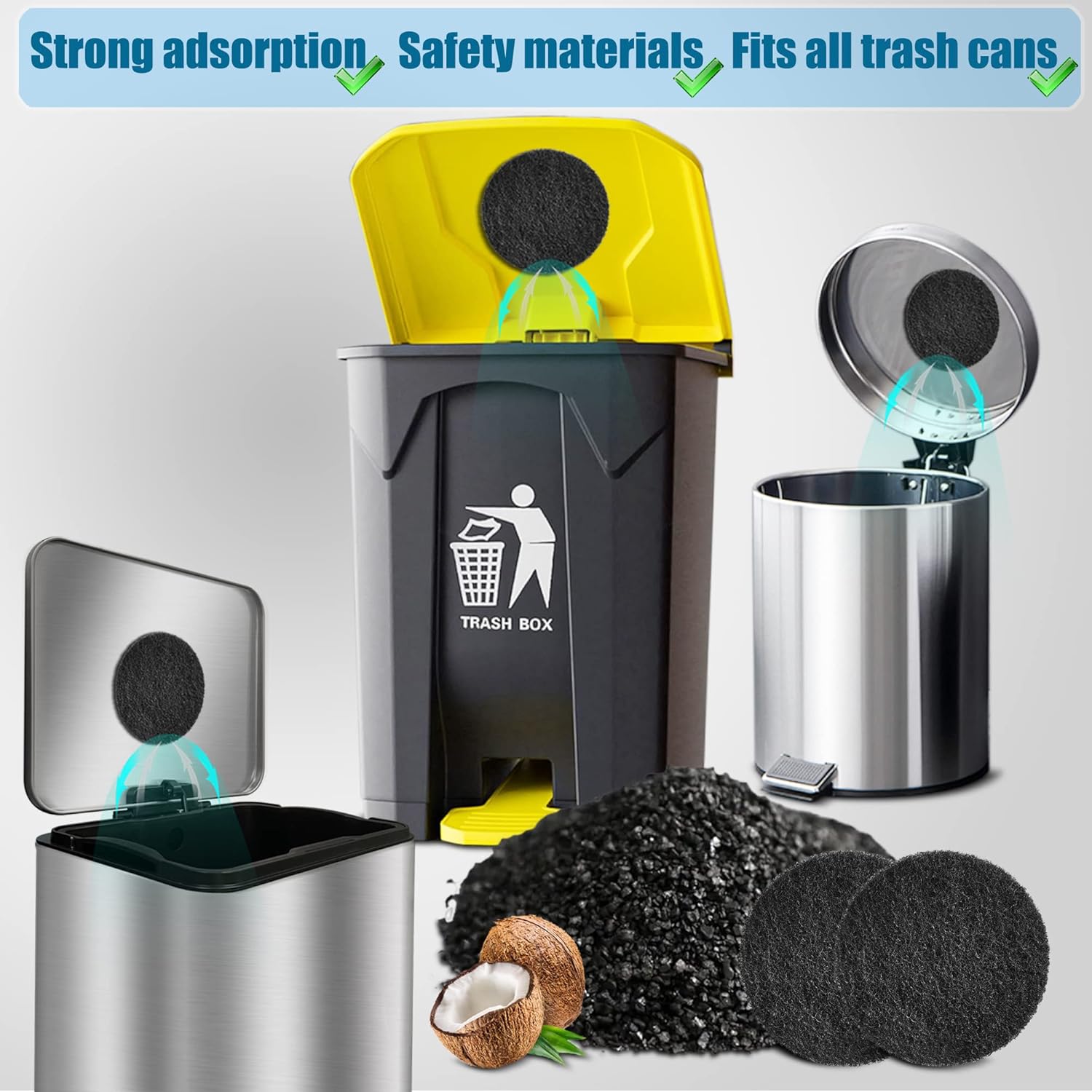 12-Pack Universal Stick-on Trash Can Odor Absorbing Filters, Thick Design Activated Charcoal Purifying Deodorizer for Trash Cans, Compost Buckets, Countertop and Recycle Bins (Round)