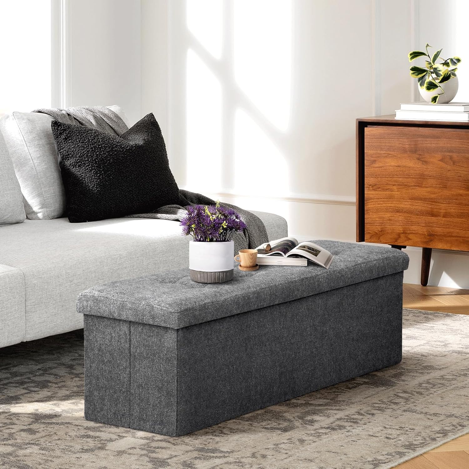 Athena Collection 43" Storage Ottoman Bench Folding Bench with 130L Hidden Storage, Large End of Bed Bench Linen Foot Rest Stool Chest with Flipping Lid for Living Room, Bedroom, Entryway, Dark Gray