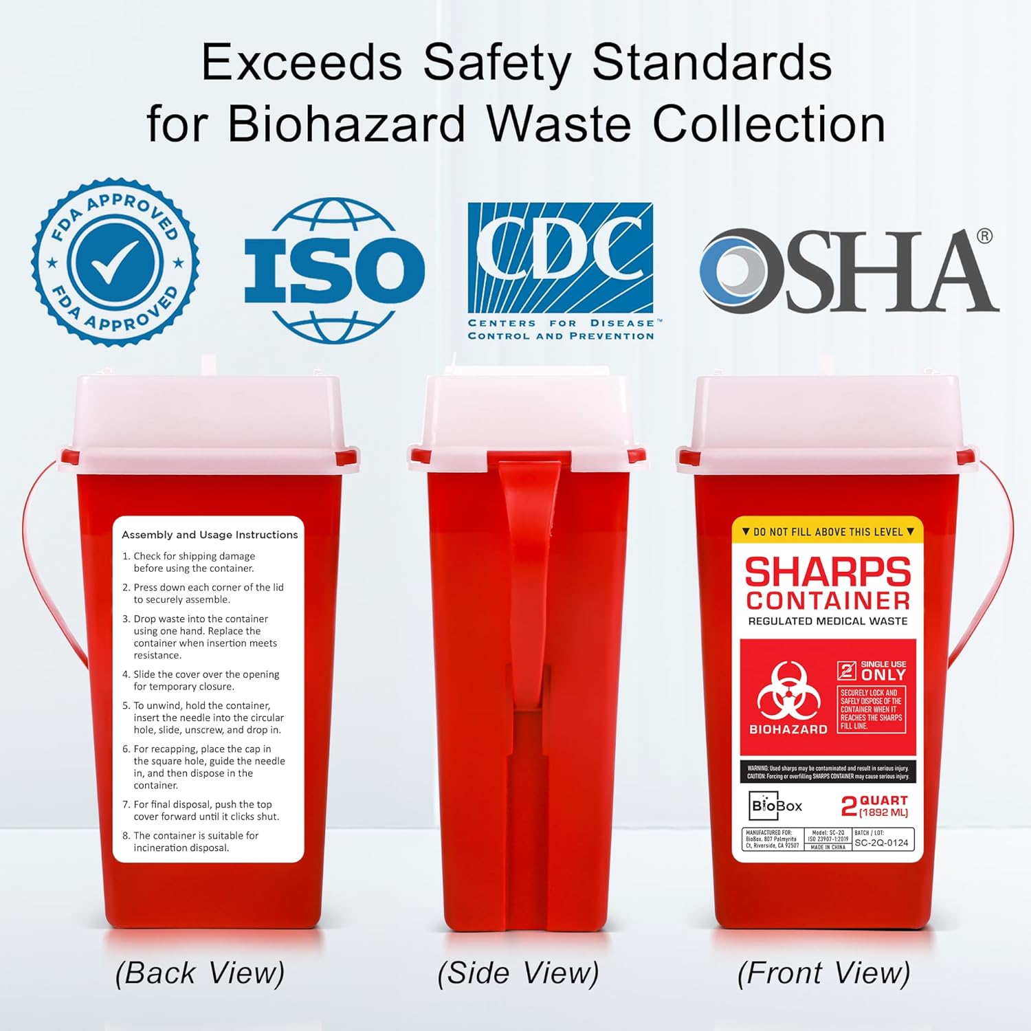 Sharps Container Large - Sharps Containers for Home Use and Labs - Portable Needle Disposal and Travel Size Biohazard Bin - 2 Quart (Pack of 5)
