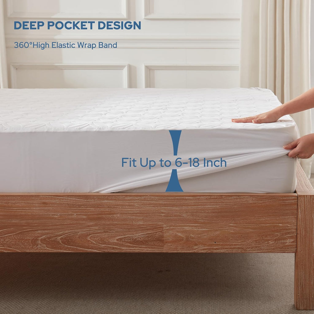 BEDLORE Waterproof Mattress Protector, Queen Size Noiseless Mattress Pad with Deep Pocket 6"-18" Depth, Soft Breathable Bed Mattress Cover Washable for Home, Bedroom, Hotel (White)