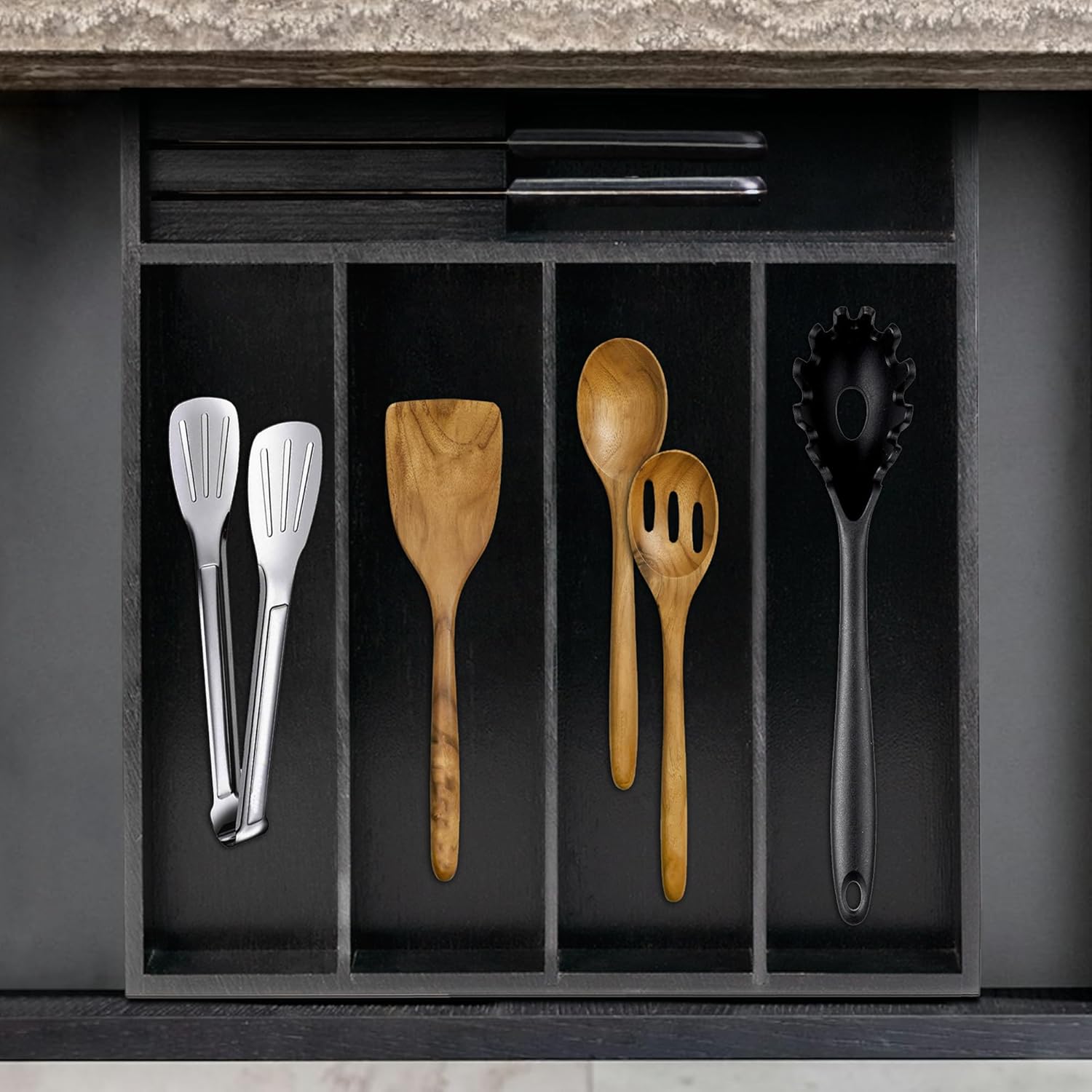 VaeFae Bamboo Silverware Organizer, Utensil Holder for Drawer, Wooden Cutlery Tray with Divider for Kitchen Drawer, Utensil Organizer with Knife Block（Black）