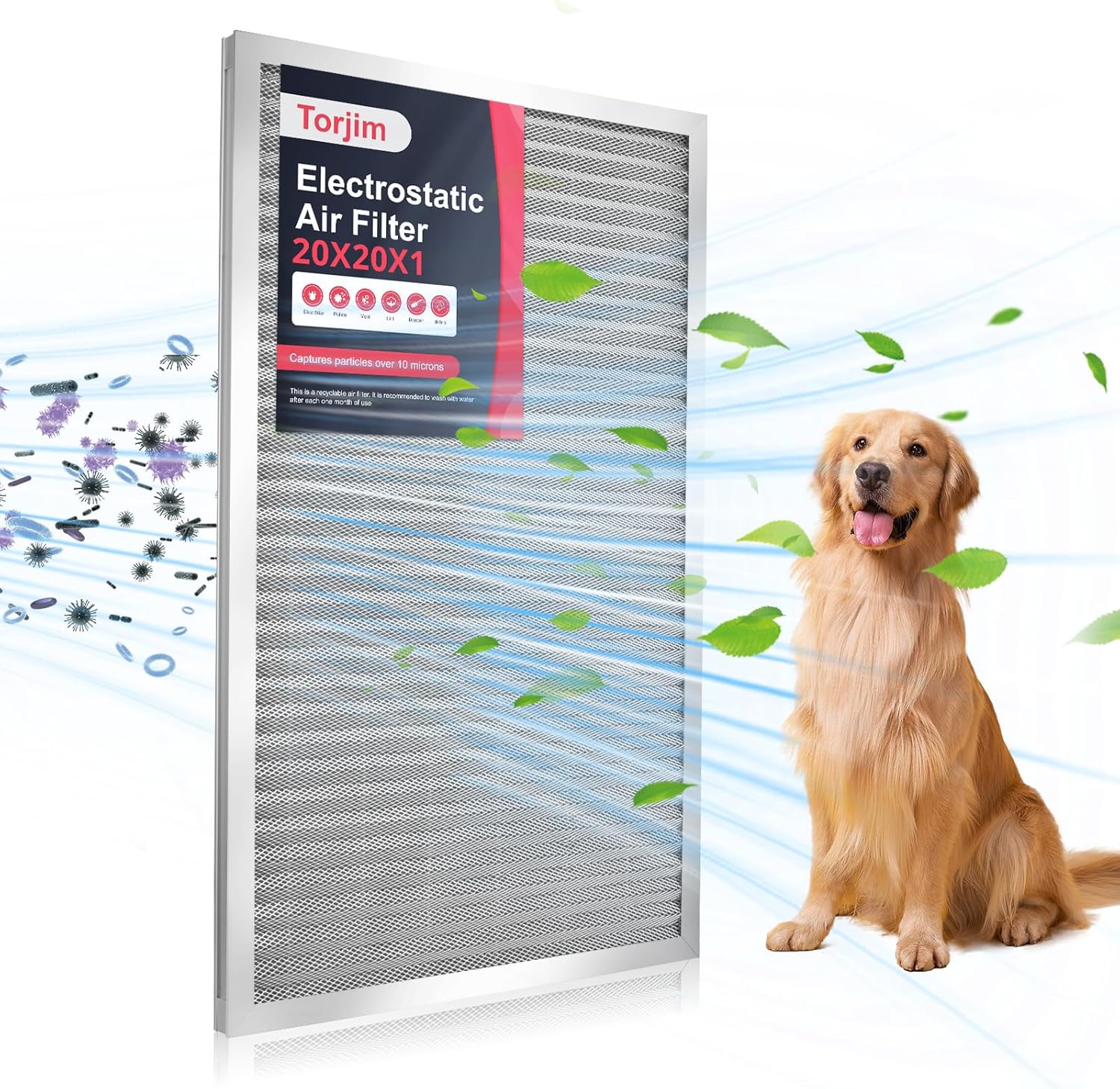 Torjim 20x20x1 MERV8 Washable & Reusable Electrostatic Air Filter - AC/HVAC Furnace Filter, Permanent, Breathe Fresher, Easy Install