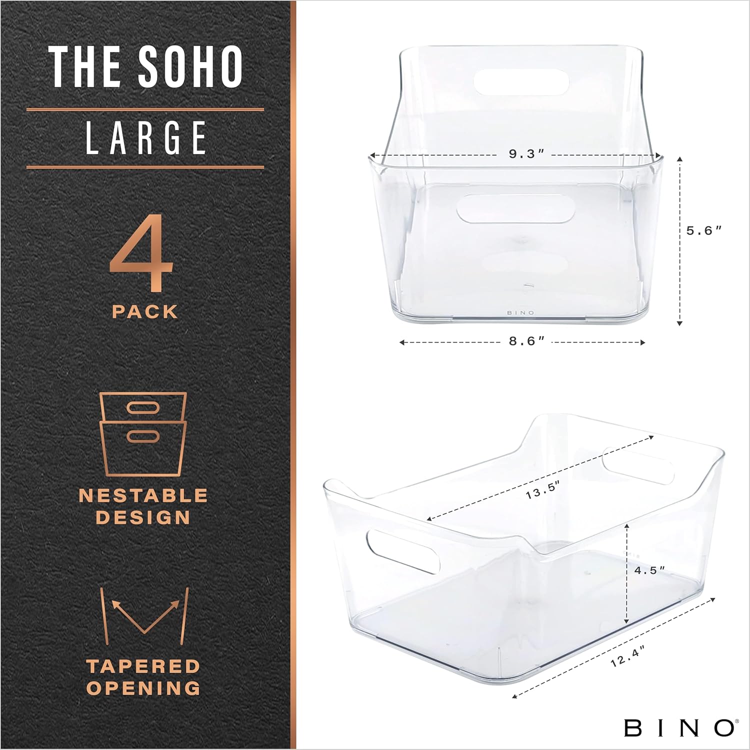 BINO | Plastic Organizer Bins, Large - 4 Pack | The SOHO Collection | Multi-Use | Pantry & Freezer Organizer Bins | Plastic Storage Containers for Home & Kitchen Org