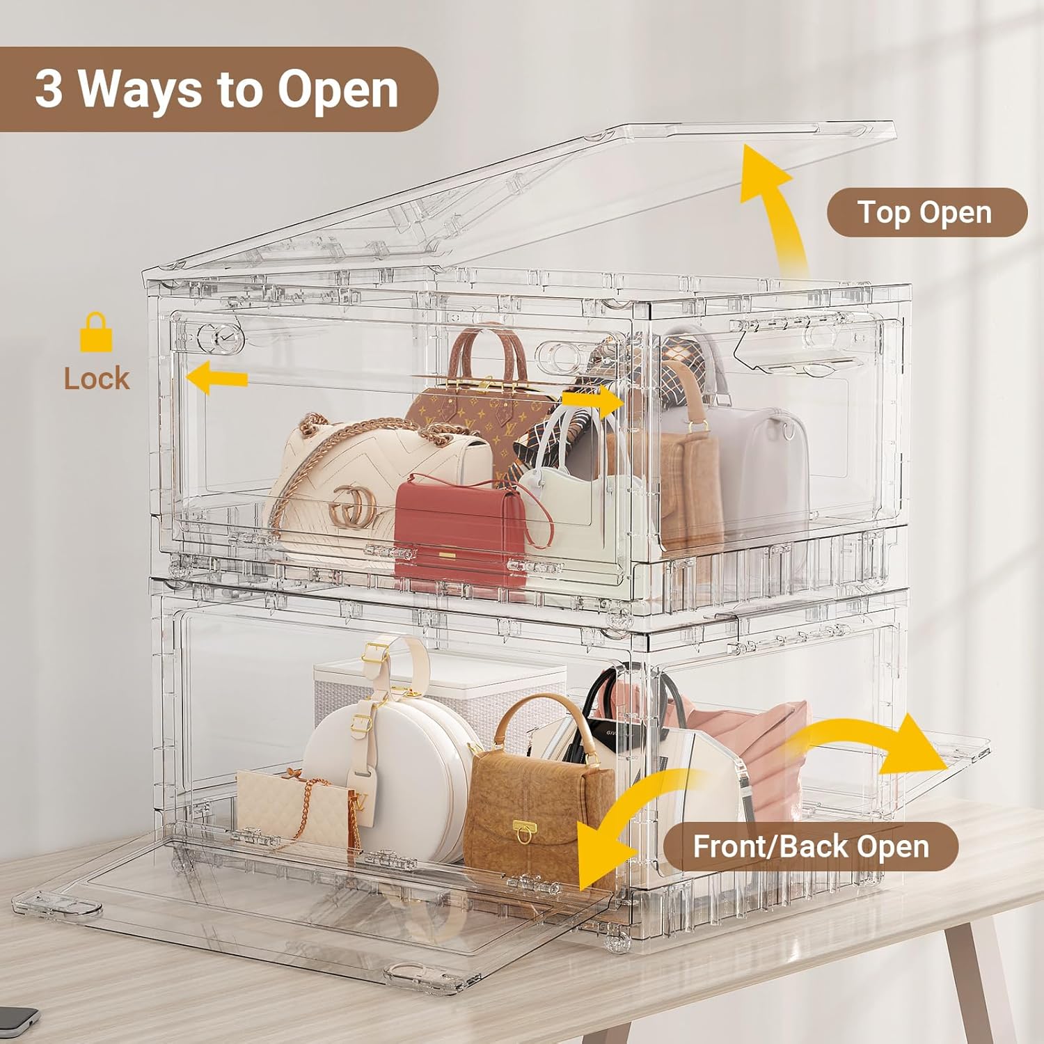 BROVIEW Clear Stackable Storage Bins Drawers, Open Front Large Plastic Storage Bins with Lids, Foldable Closet Organizers and Storage for Wardrobe Cabinets, Pantry, Makeup,5 Pack