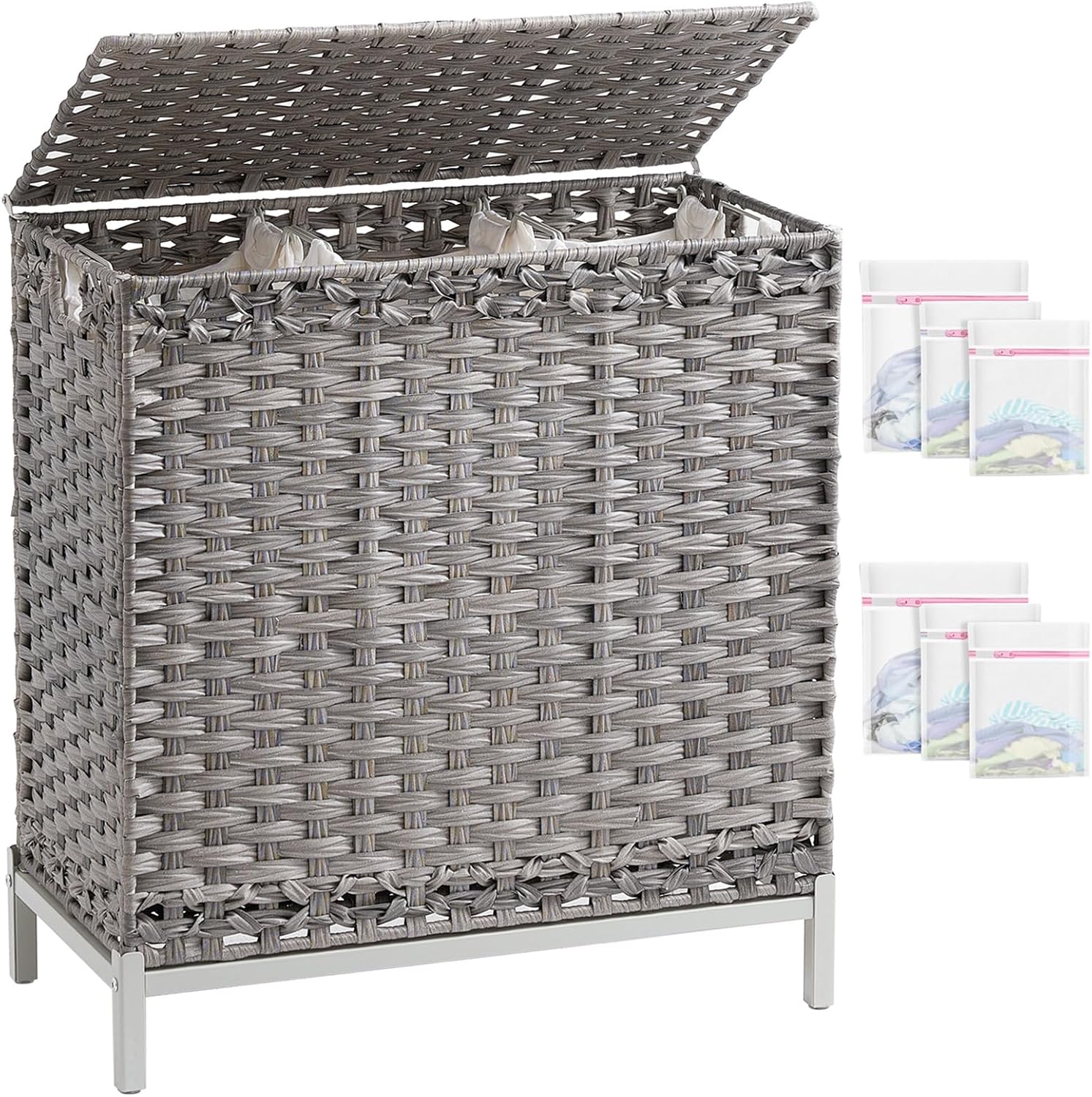 Laundry Hamper with Lid 132 L, (35 Gallons) Clothes Hamper with Lid, Handwoven Rattan Laundry Hamper with Metal Heightened Feet, Laundry Hampers with 3 Removable Liner Bags for Laundry-Gray