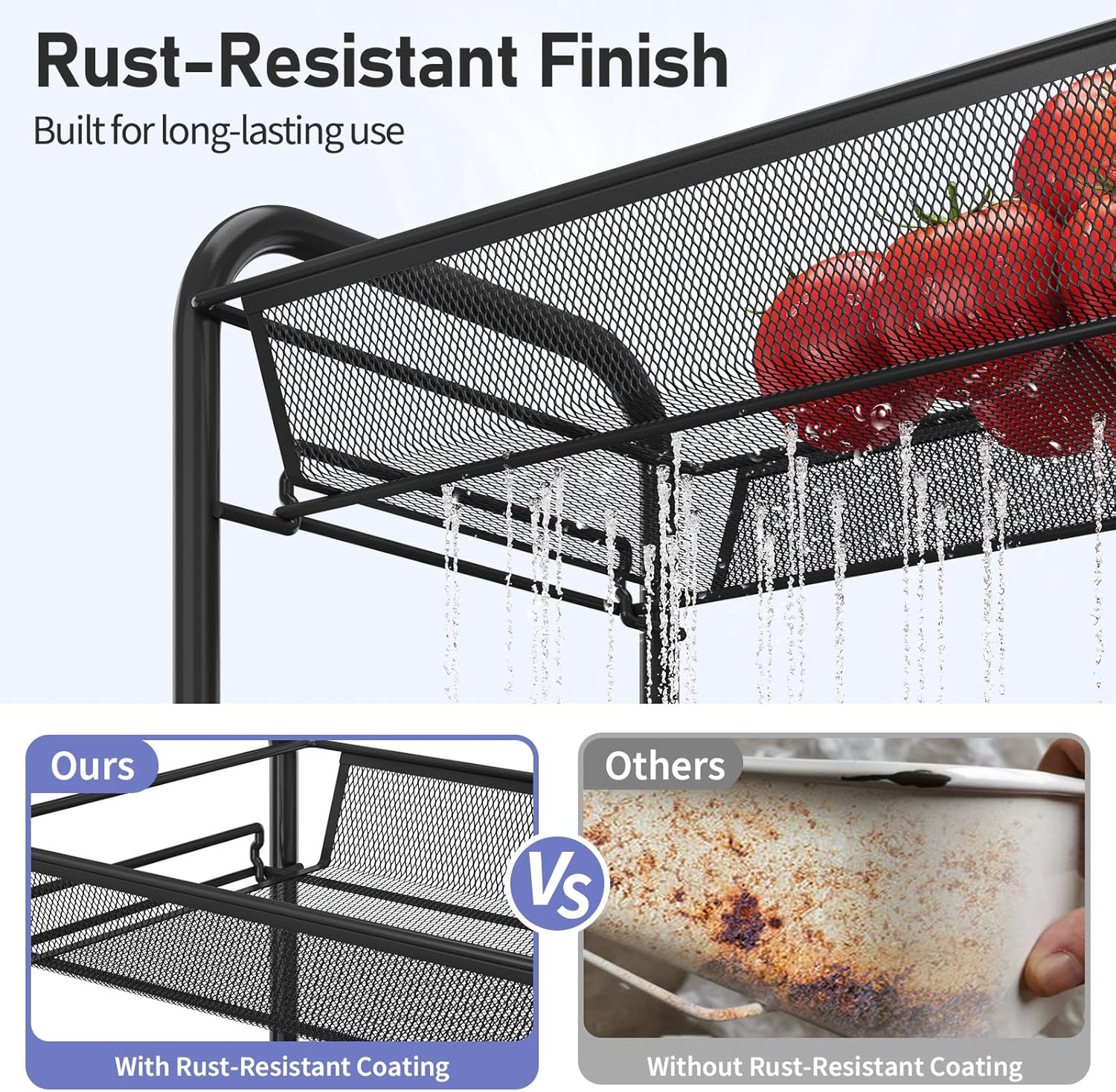 TOOLF 3-Tier Metal Rolling Cart, Mesh Wire Easy Assemble Utility Cart, Storage Trolley on Wheels with 3 Hooks, MetalStorage Shelving Units for Kitchen Bathroom Laundry Room