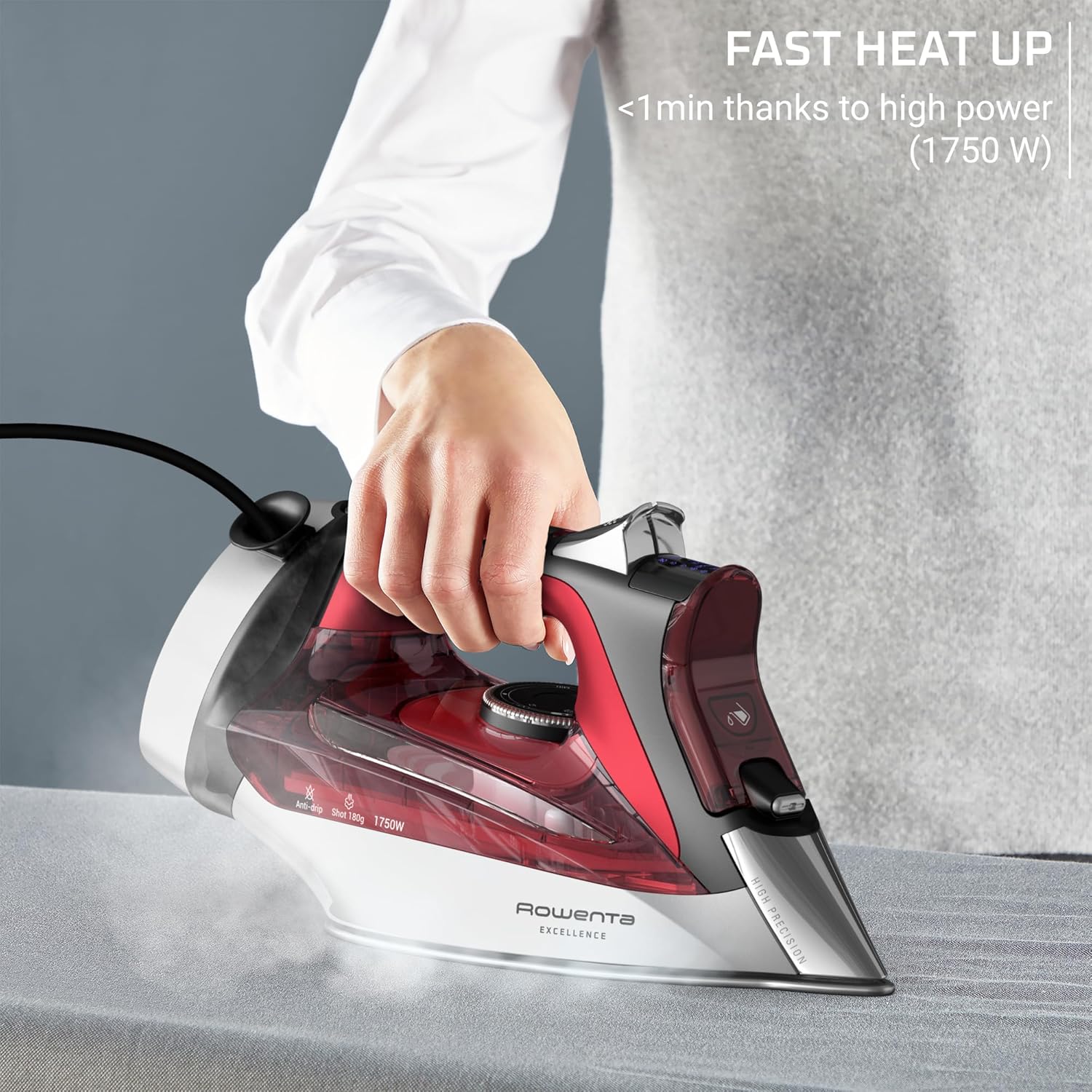 Rowenta Iron, Focus Excellence Stainless Steel Soleplate Steam Iron for Clothes, Retractable Cord, 400+ Microsteam Holes, Powerful steam, LED Display, 1750 W Ironing Clothes, Cordreel, Red DW5433