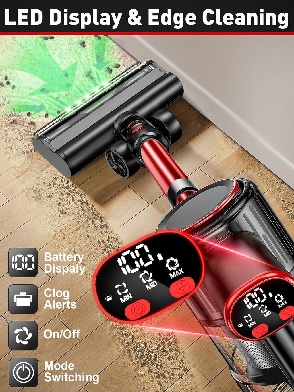 Cordless Vacuum Cleaner, 40KPA 8-in-1 Vacuum Cleaners for Home, 50Mins Runtime, Anti-Tangle Stick Vacuum with LED Display, Rechargeable Lightweight Vacuum for Pet Hair/Carpet/Floor (Red)