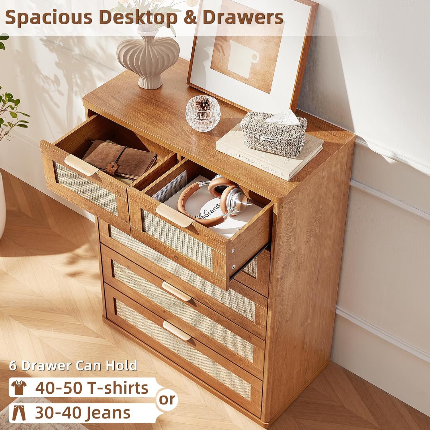 LEYAOYAO Rattan Dresser for Bedroom, 42" Tall Chest of Drawers, Modern 6 Drawers Boho Dressers with Storage, Vintage Brown Dresser Wooden Closet Organizer for Living Room, Hallway