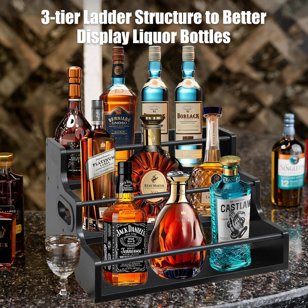 AT-VALY 3-Tier Spice Rack, Iron&MDF Kitchen Storage Shelf, Space-Saving Countertop Organizer for Spices, Herbs, Seasonings, Sturdy Stylish Condiment Holder,Countertop Wine Rack (Black Grain)