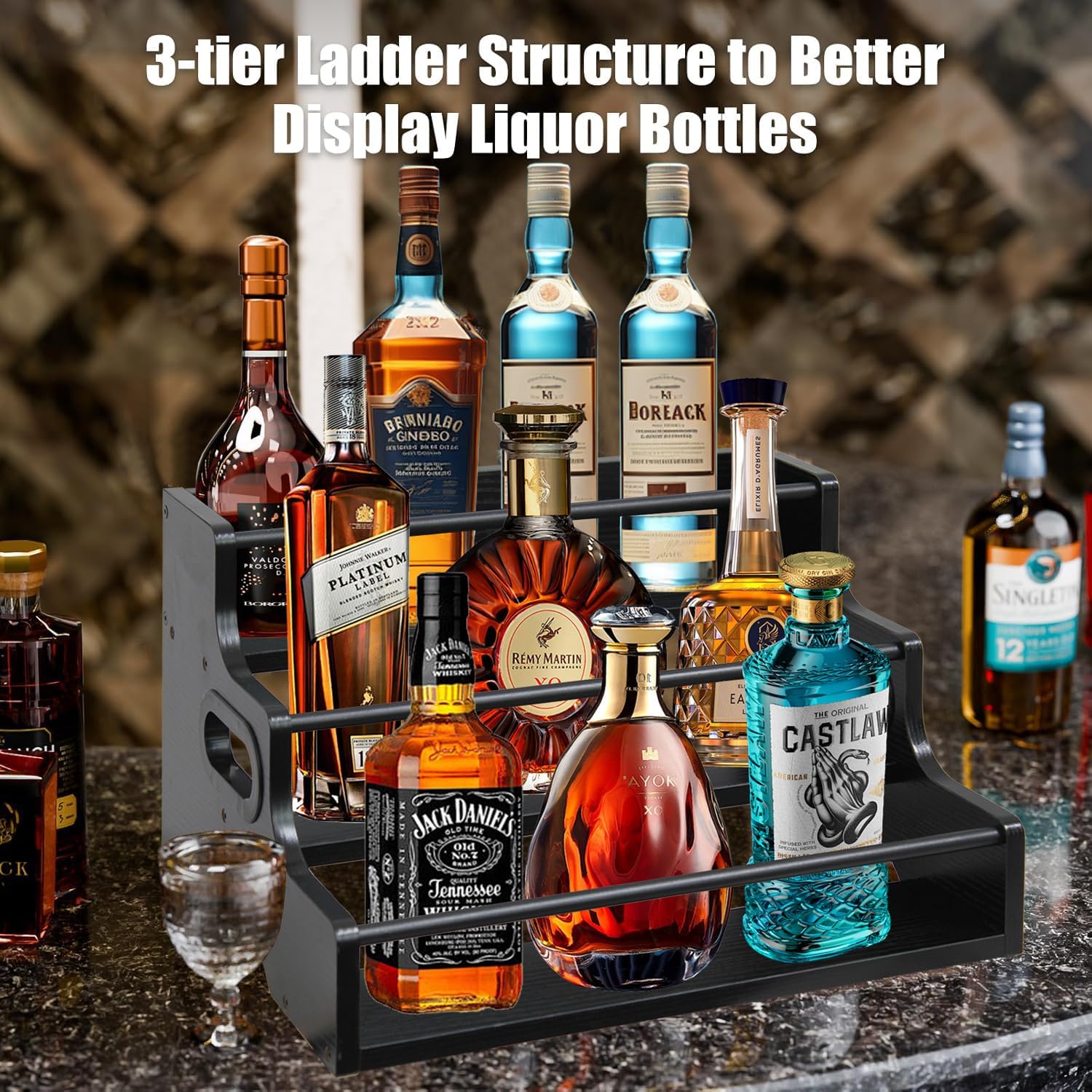 AT-VALY 3-Tier Spice Rack, Iron&MDF Kitchen Storage Shelf, Space-Saving Countertop Organizer for Spices, Herbs, Seasonings, Sturdy Stylish Condiment Holder,Countertop Wine Rack (Black Grain)