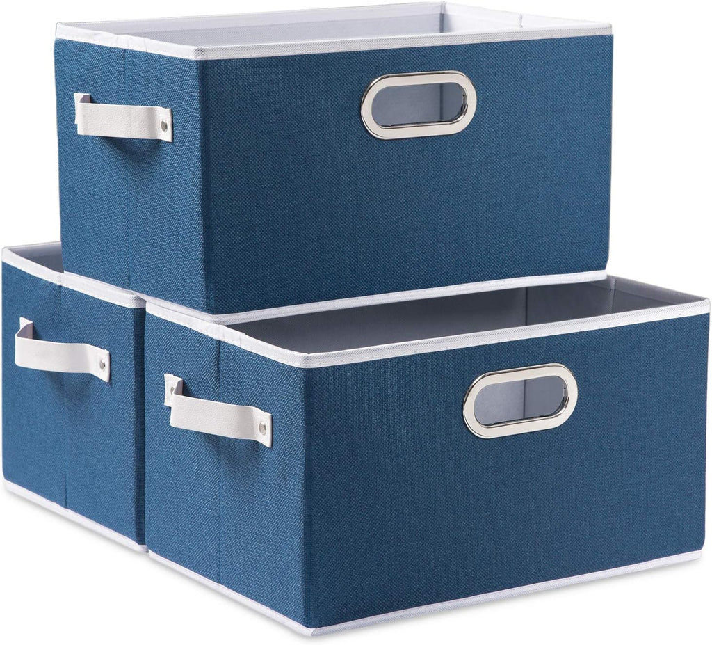 PRANDOM Large Collapsible Storage Baskets for Closet [3-pack] Decorative Fabric Storage Bins Cubes with Leather/Metal Handles for Shelves Bedroom Living Room Royal Blue (14.9x9.8x8.3 Inch)