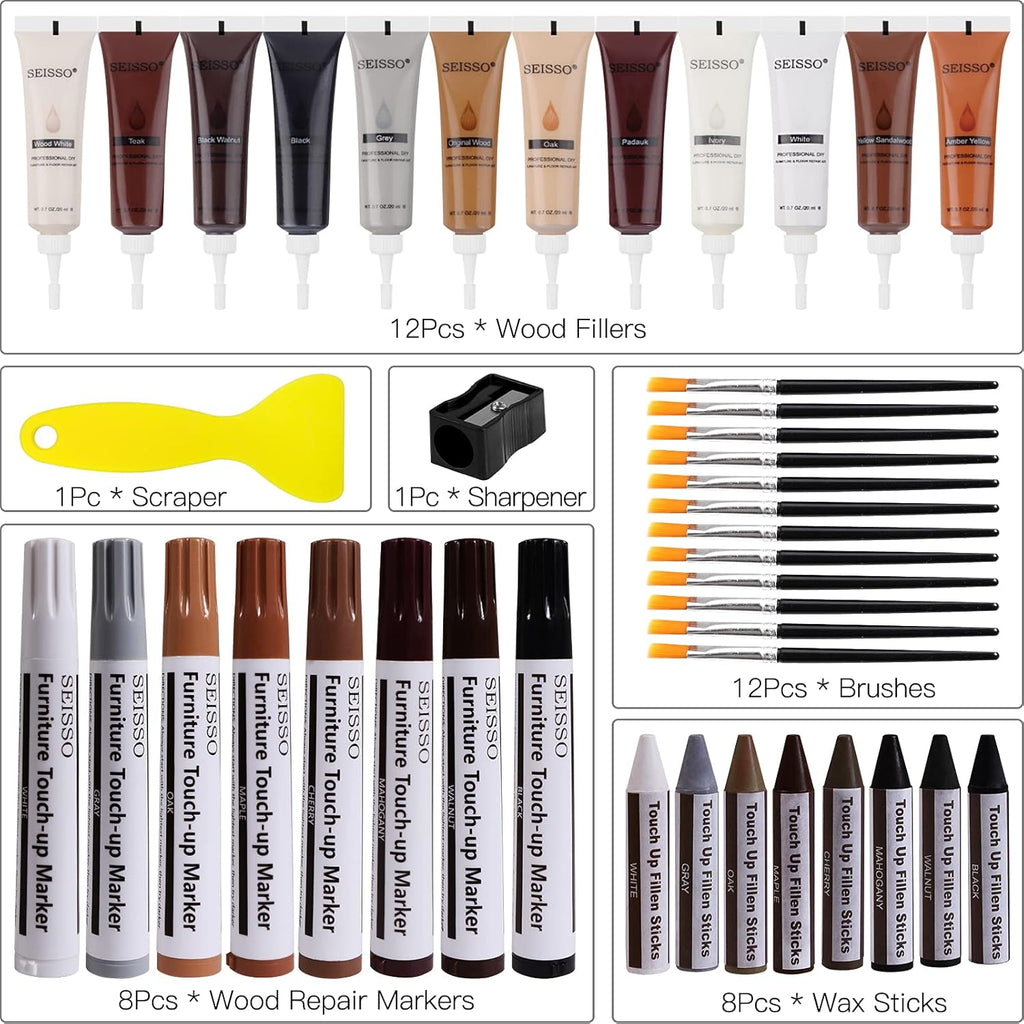SEISSO Wood Furniture Repair Kit, 42 Pcs Wood Filler and Touch Up Markers with Wax Sticks, Vinyl Floor Repair Kit for Scratches, Cracks, Holes, Discoloration for Door, Stain, Floor, Table, Cabinet
