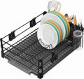 SIMPLE HOUSEWARE Dish Drying Rack with Drainboard, Utensil Holder & Mug Hooks, Black Metal Kitchen Counter Organizer