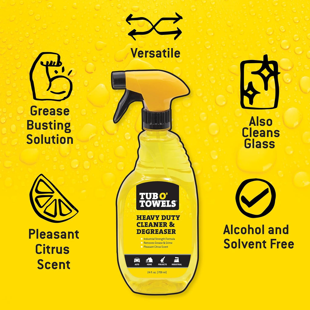 Tub O' Towels Heavy Duty Cleaner and Degreaser Spray Helps in Removing Oil Tar Paint Dirt Caulk Grease Grime Gunk Epoxies, Industrial Strength, Home & Auto, Made In USA, Citrus Scent, 24oz, 2-Pack