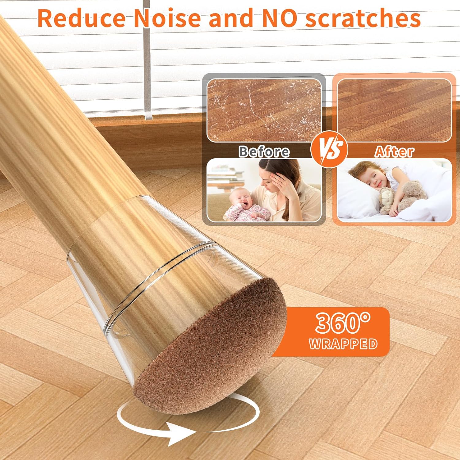 Chair Leg Floor Protectors Medium 24Pcs,Silicone Chair Leg Protectors for Hardwood Floors/Tiles,360°Wrapped Felt Bottom to Prevent Scratch and Reduce Noise, Round Clear
