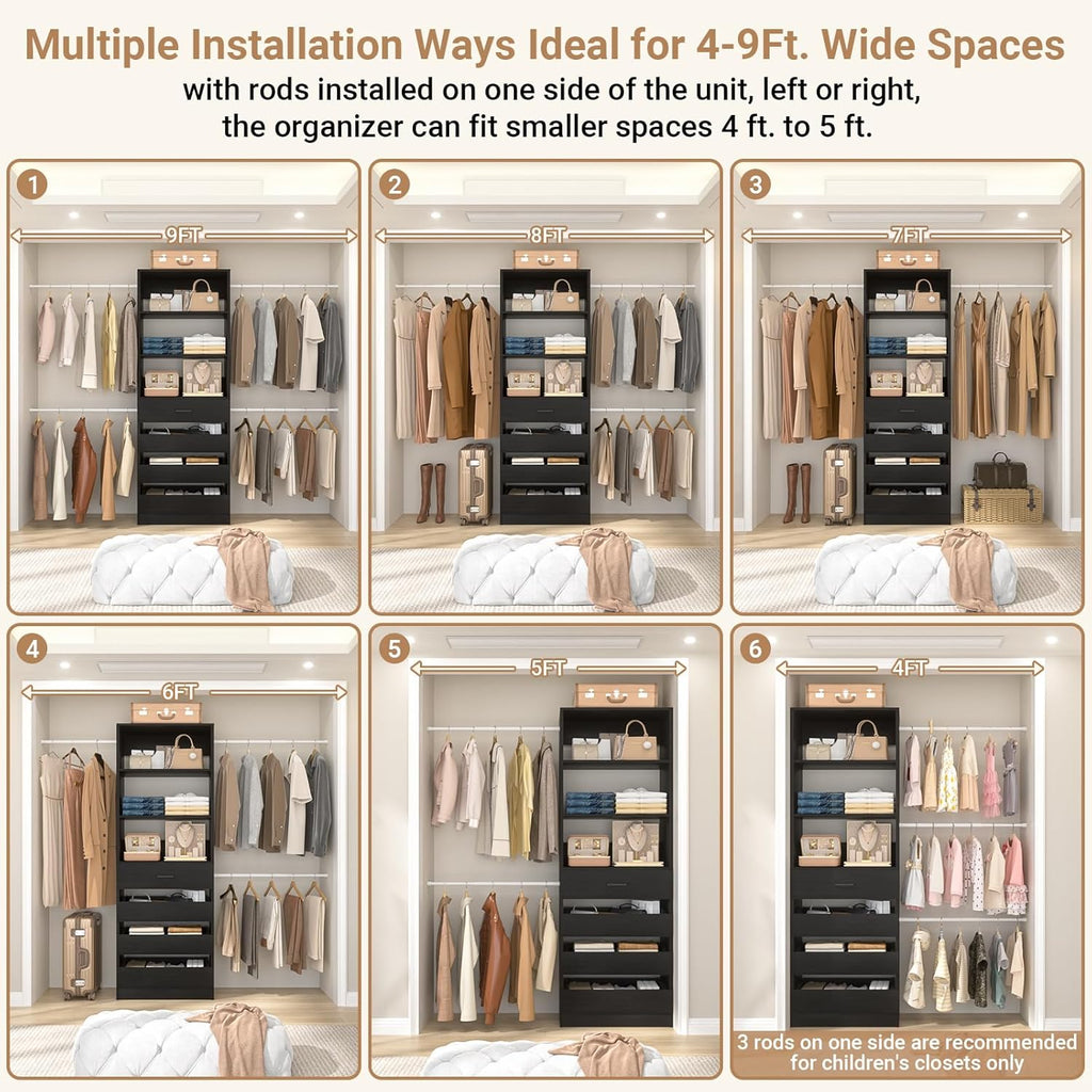 Aheaplus Closet System, 4-9Ft Closet Organizer with 4 Wooden Drawers, Wood Closet Organizer System with Tower, Walk-in Closet Organizer Wardrobe Clothes Rack with 4 Hanging Rods, Garment Rack, Black