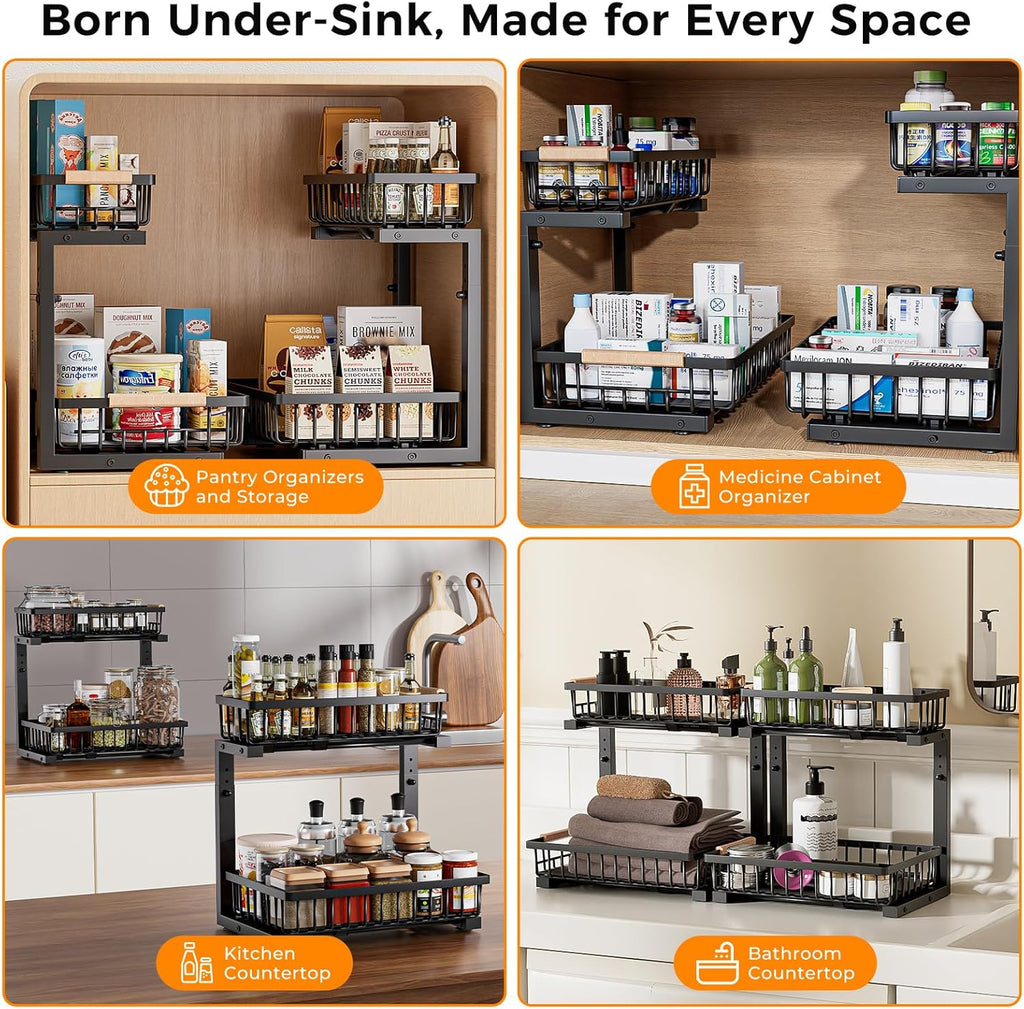 Under Sink Organizer,2 Pack 2 Tier Under Sink Organizers and Storage,Slide Out Pull Out Cabinet Organizer Shelf,Metal Sliding Drawer for Kitchen Bathroom Pantry Cabinet Closet Organization Rack Black