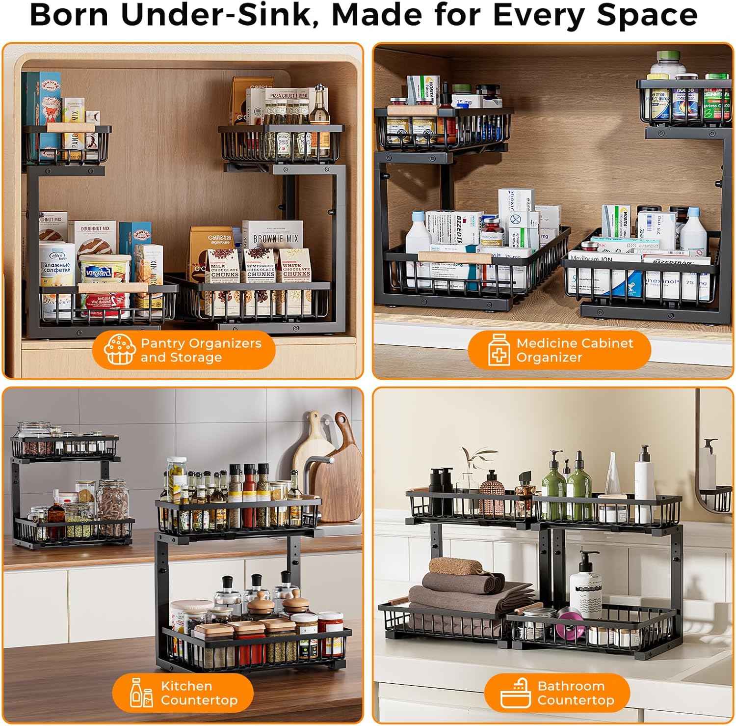 Under Sink Organizer,2 Pack 2 Tier Under Sink Organizers and Storage,Slide Out Pull Out Cabinet Organizer Shelf,Metal Sliding Drawer for Kitchen Bathroom Pantry Cabinet Closet Organization Rack Black