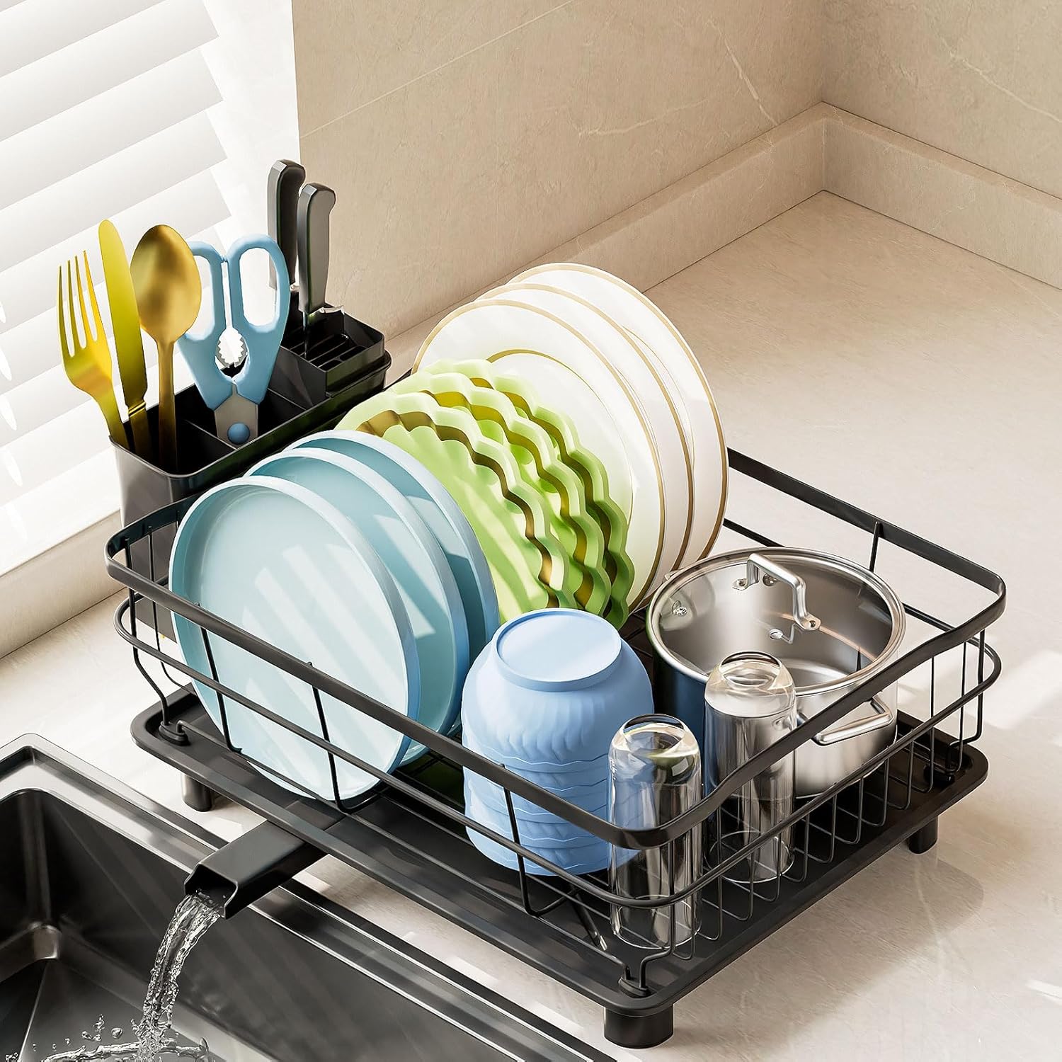 Iron Dish Drying Rack Auto Drain Dish Drainers Kitchen Counter Strainer with Draining Tray, All Black