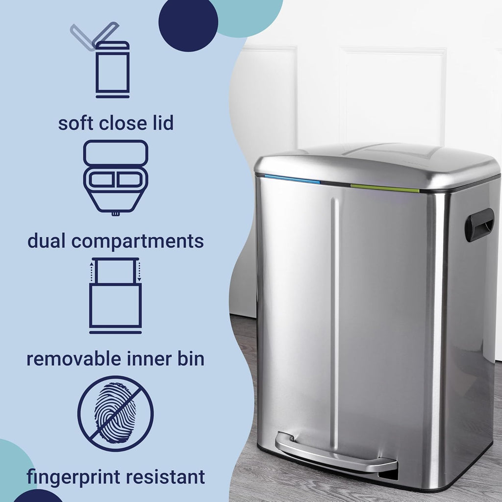 happimess HPM1005A Marco Rectangular 10.5-Gallon Double Bucket Trash Can with Soft-Close Lid, Modern, Minimalistic, Fingerprint Proof for Home, Kitchen, Laundry Room, Office, Stainless Steel