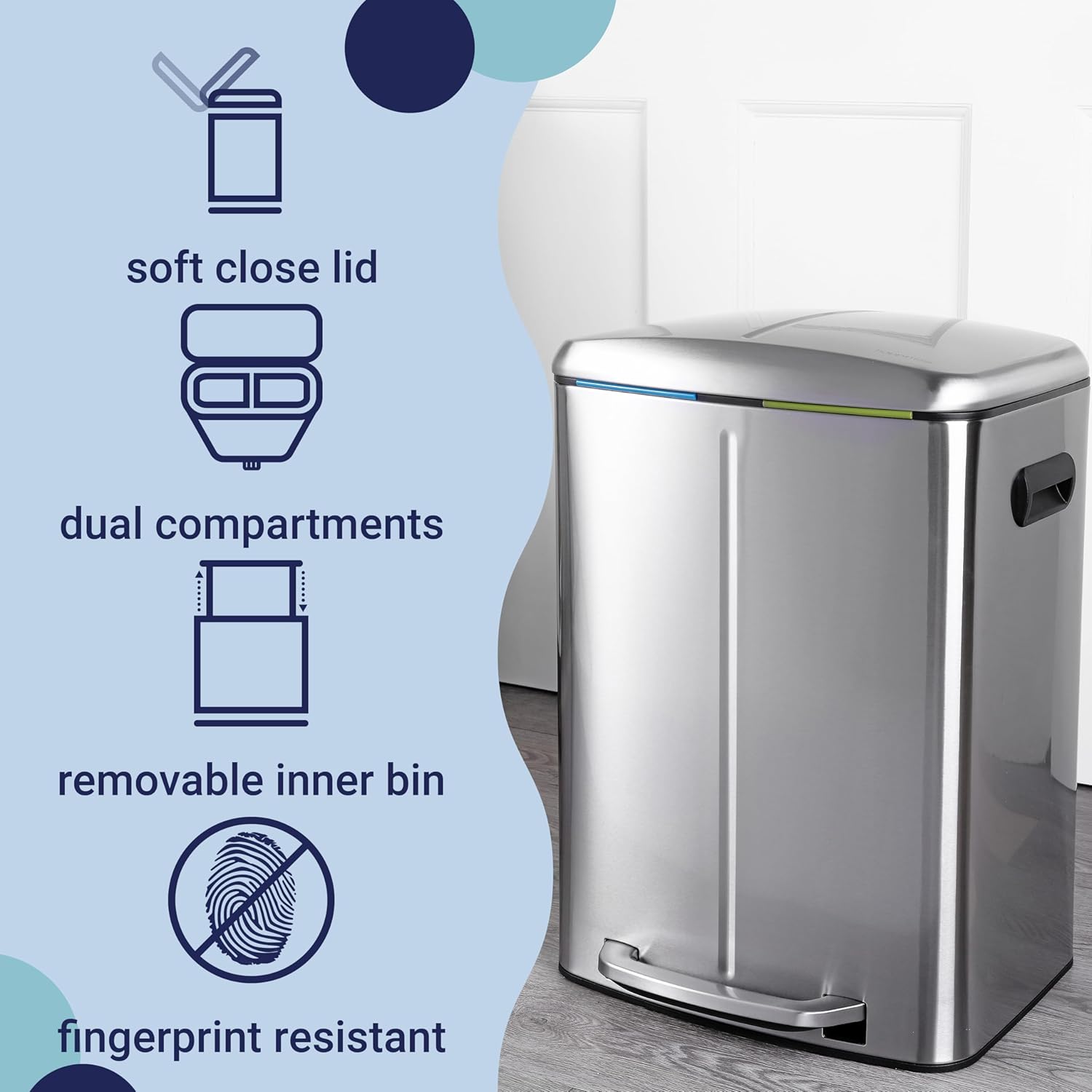 happimess HPM1005A Marco Rectangular 10.5-Gallon Double Bucket Trash Can with Soft-Close Lid, Modern, Minimalistic, Fingerprint Proof for Home, Kitchen, Laundry Room, Office, Stainless Steel