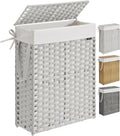 SONGMICS Slim Laundry Hamper with Lid, 14.5 Gallon (55L) Rattan Clothes Laundry Basket with Lid and Handles, Foldable, Removable Liner, Cloud White ULCB164W01