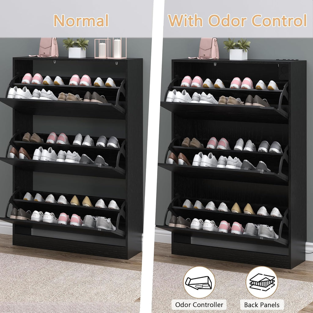 Shoe Cabinet with Odor Control and Back Panels, Deodorizing Slim 3-Flip Shoe Storage Cabinet for Entryway, Freestanding Hidden Shoe Rack Organizer for Entrance, Hallway, Bedroom