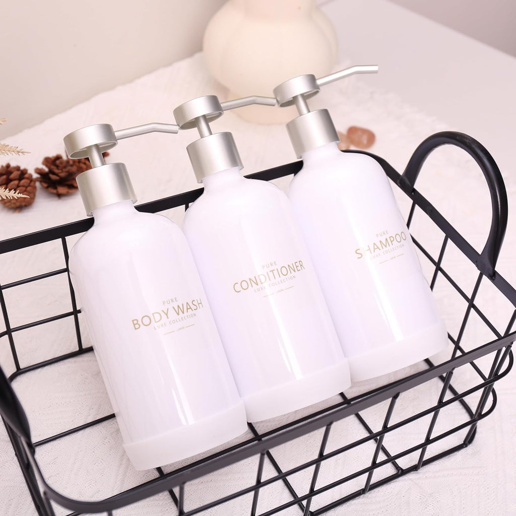 Shampoo and Conditioner Dispenser Set of 3,Refillable 21oz Shampoo Bottles with Non-Slip Protective Silicone Pad,Shower Soap Dispenser with Waterproof Labels for Bathroom (White)