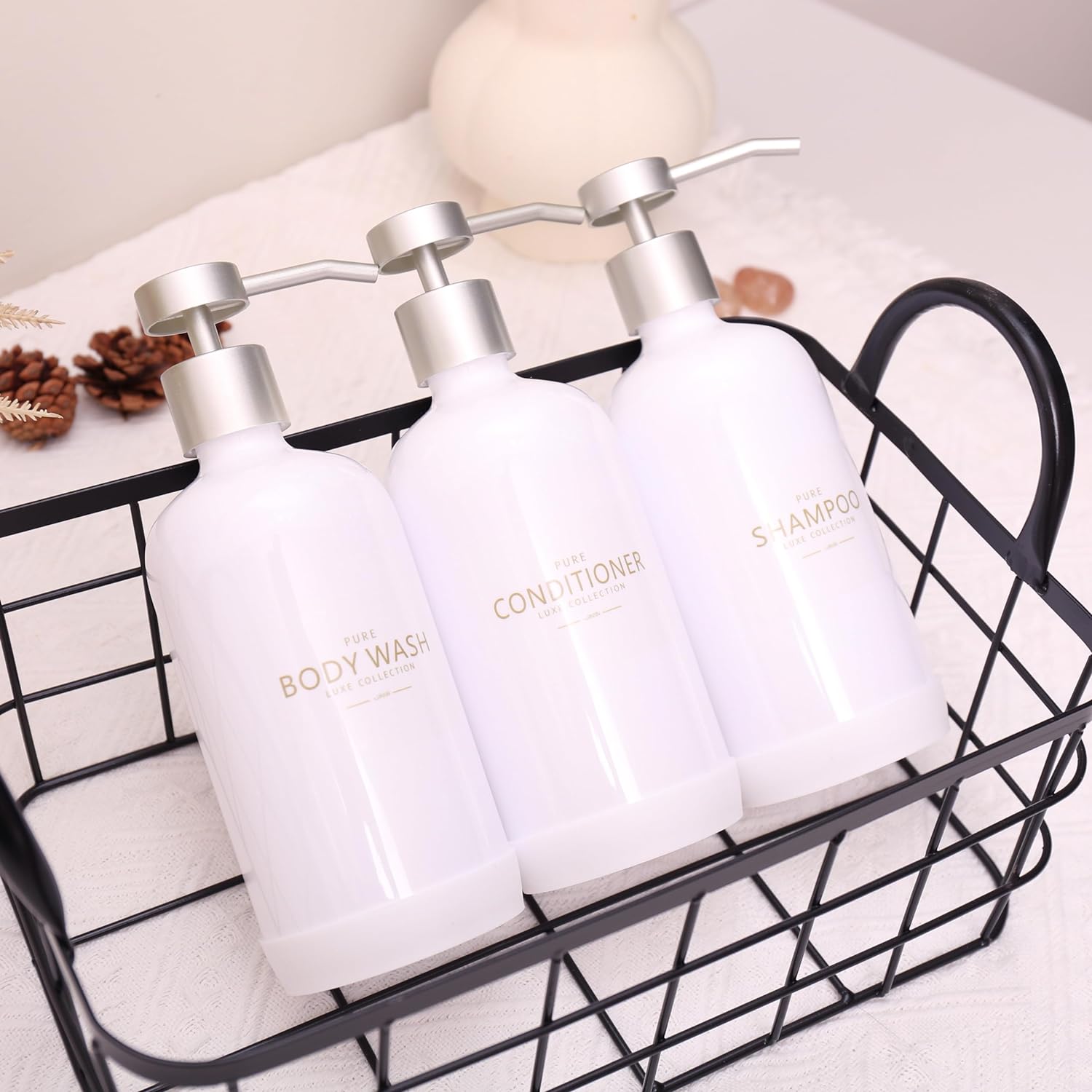 Shampoo and Conditioner Dispenser Set of 3,Refillable 21oz Shampoo Bottles with Non-Slip Protective Silicone Pad,Shower Soap Dispenser with Waterproof Labels for Bathroom (White)