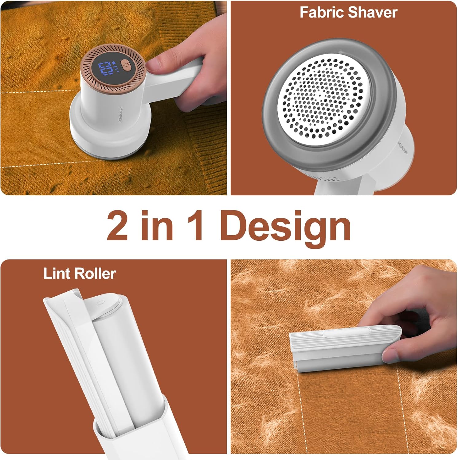 Fabric Shaver Fuzz Remover Rechargeable, HOMEASY Electric Lint Remover Shaver with 3 Blades & LED Digital Display, Sweater Couch Fabric Pill Shaver for Sweater, Couch, Furniture (White)
