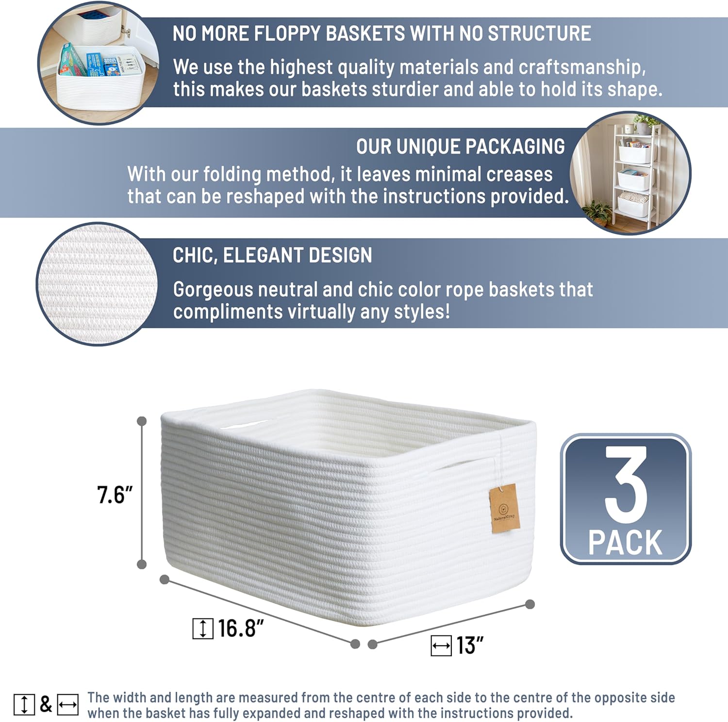 NaturalCozy Storage Baskets 16.8”x13”x7.6” Cotton Rope Woven Baskets for Organizing 3-Pack | Toy Storage Bins | Basket for Shelves, Laundry, Blanket, Clothes, Closet, Kitchen, Bathroom, Gifts