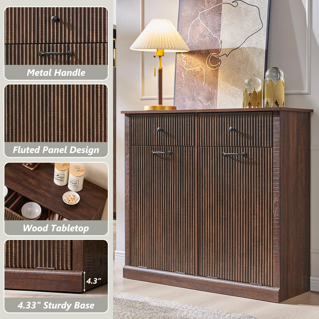 Modern Double Tilt-Out Trash Cabinet, 20 Gallon Fluted Laundry Hamper Cabinet with 2 Drawers, Wooden Hidden Garbage Can Cabinet w/Storage Basket,Free Standing for Kitchen & Living Room, Brown