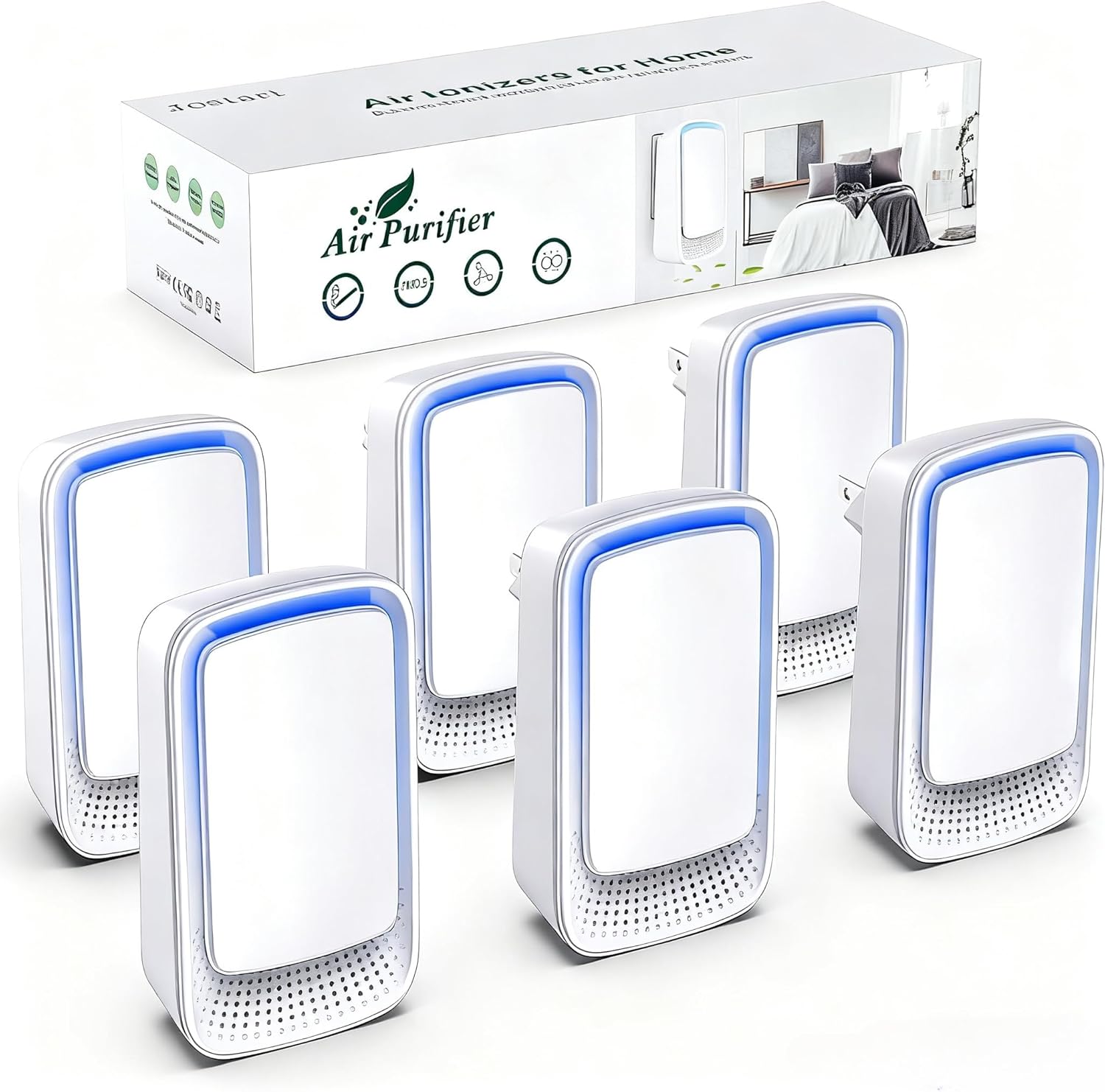 Plug In Air Ionizer Purifier for Home (6 Pack), Negative Ion Generator, Quiet Air Freshener for Bedroom, Office, Kitchen, Portable Air Filter, Mini Air Cleaner