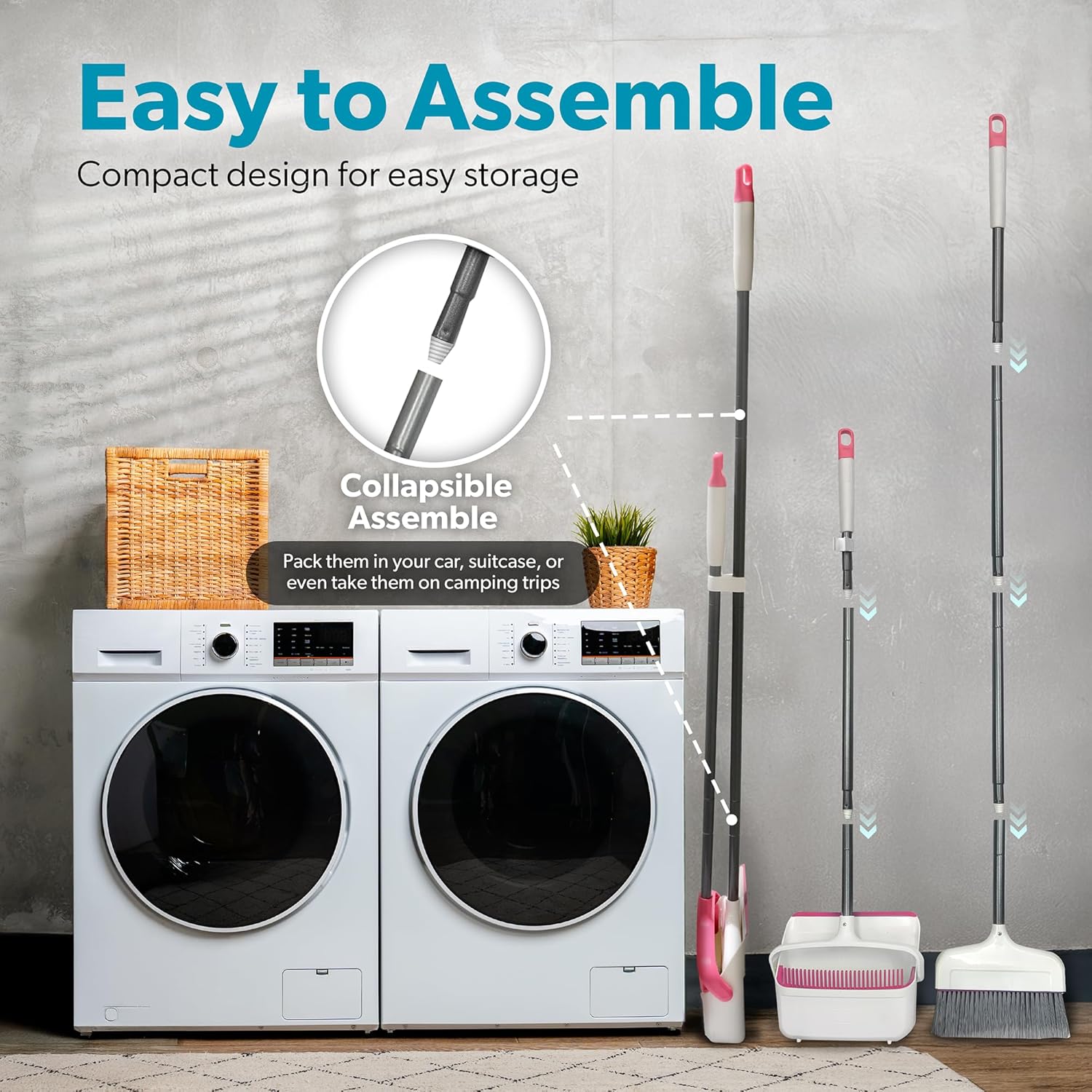 BLACK+DECKER Butler Broom & Dustpan Set - Stand-Up Design - Lightweight, Space-Saving Combo for Kitchen, Living Room, Bathroom, Lobby Floors - Home Cleaning Essential, White/Pink