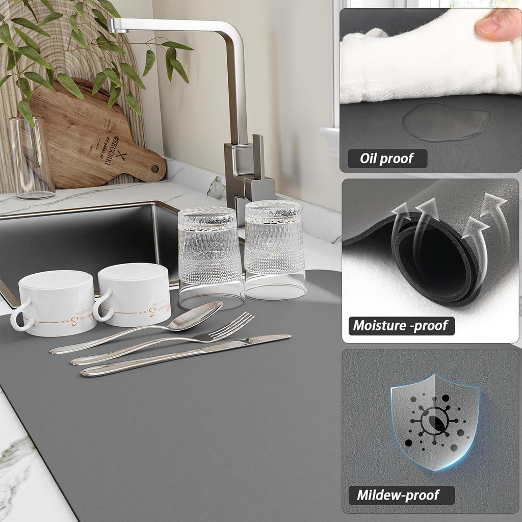 Dish Drying Mat for Kitchen Counter, Heat Resistant Drainer Mats with Non-slip Rubber Backed, Hide Stain Kitchen Super Absorbent Draining Mat, Easy to Clean Dish Rack Pad, Dark Grey 16"x20"