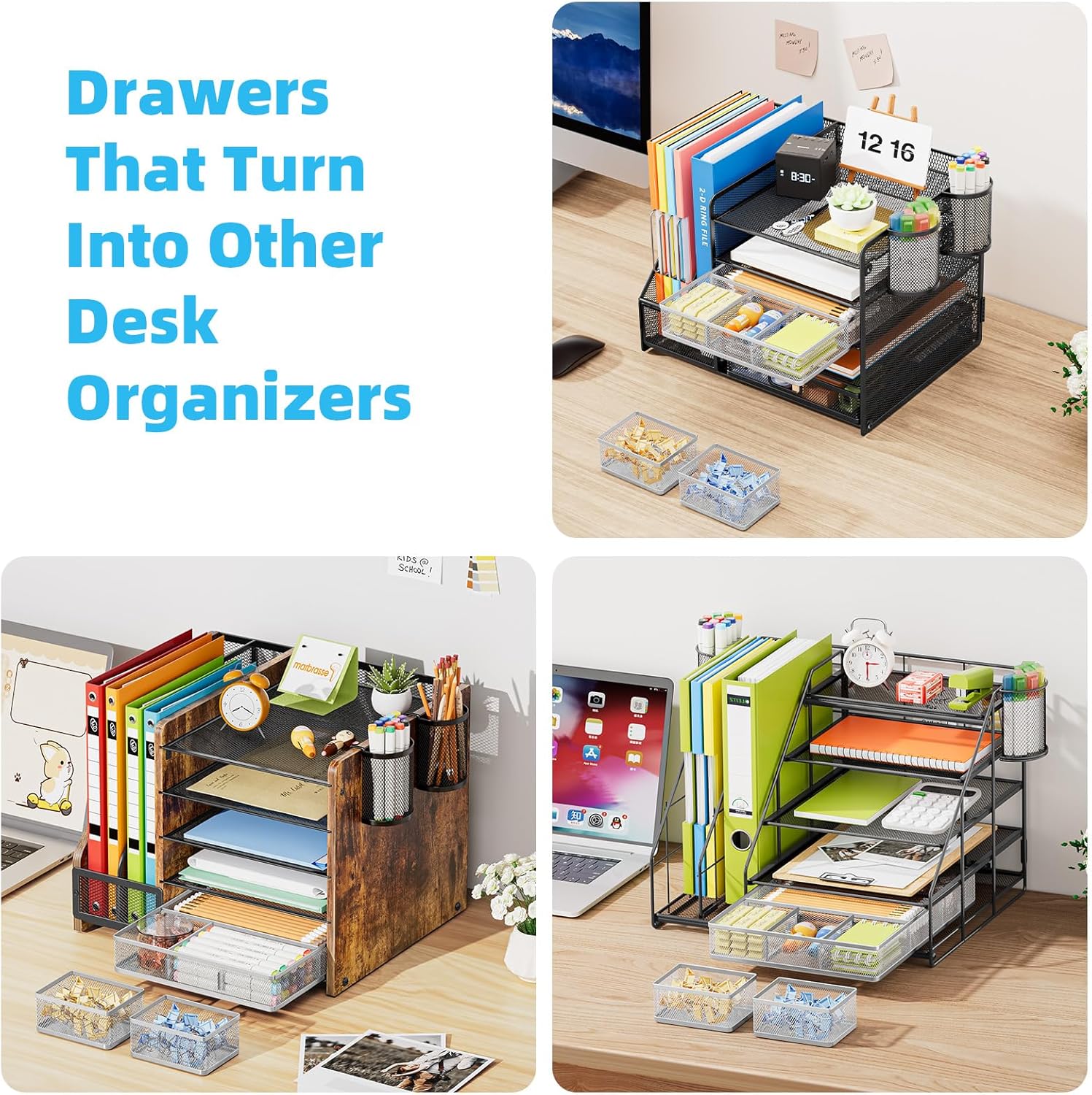Marbrasse 3 Packs Desk Drawer Organizers, Metal Mesh Dividers with 9 Adjustable Compartments, Pen Organizer for Drawer Tray Box Accessories for Desktop,Kitchen, Makeup(Silver)