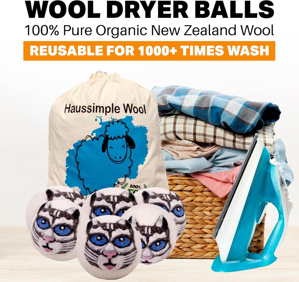 Wool Dryer Balls Organic Felt 6 Pack Laundry Fabric Softener, Extra Large Reusable Handmade Natural Sheep Wool Lint Wrinkle Free Anti Static Baby Safe (Gray Cat)