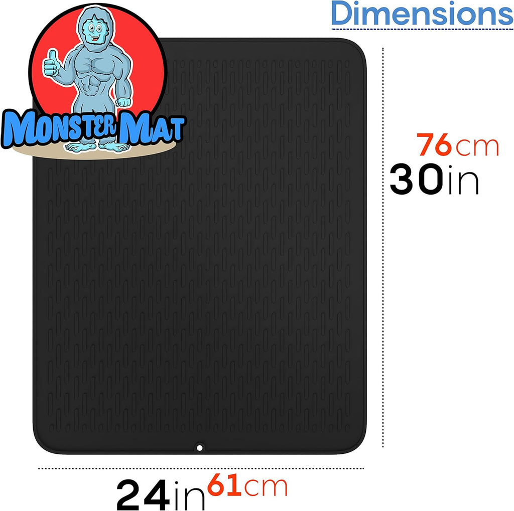 Extra Large (30 inch by 24 inch) heavy duty silicone dish drying mat for kitchen counters by MonsterMat (Black, XL - 30"x24")